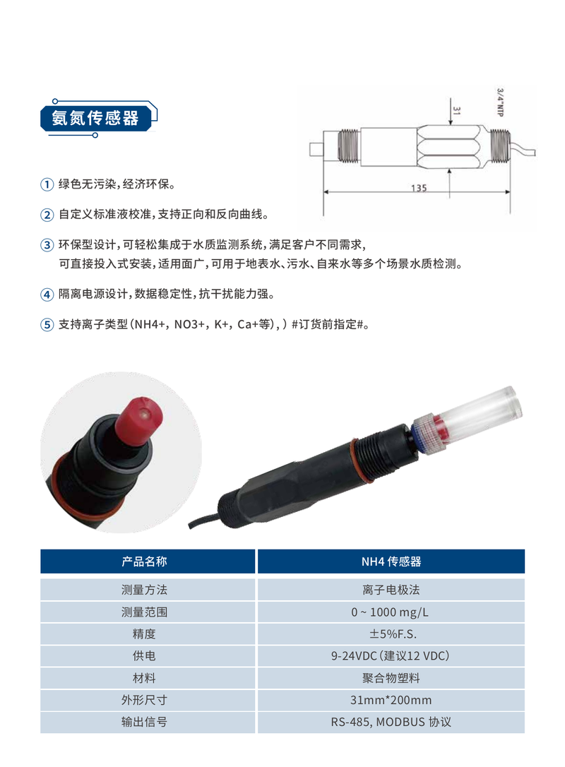 AS-NH4-1000 Ammonium / Ammonia Nitrogen Sensor