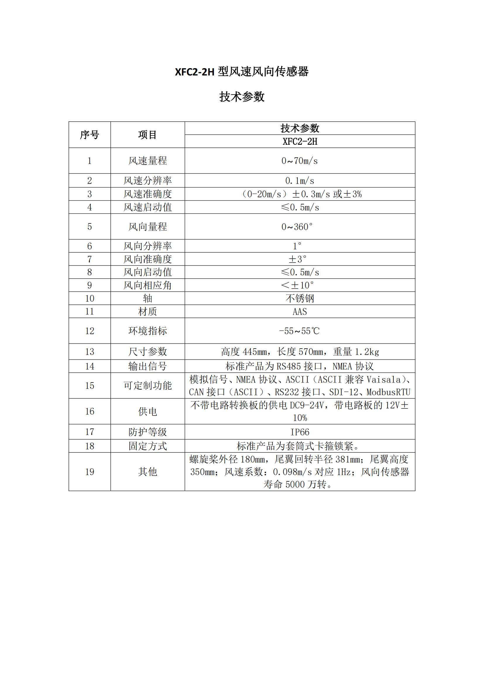 High-Range Mechanical Wind Speed & Direction Sensor, 0-70 m/s reference sheet 2
